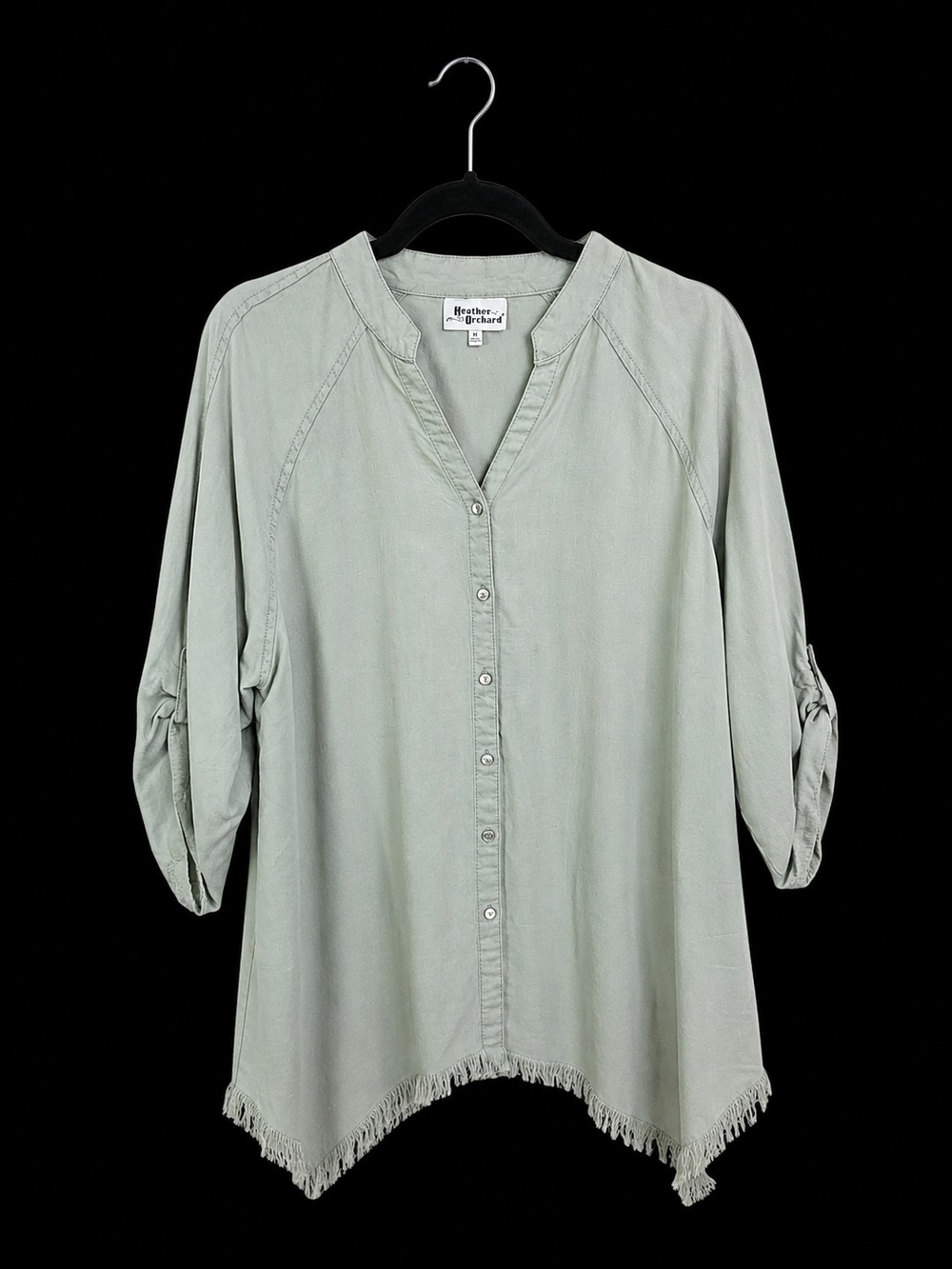 Sage Green Button-Front Tunic Top With Raw Edge Hem